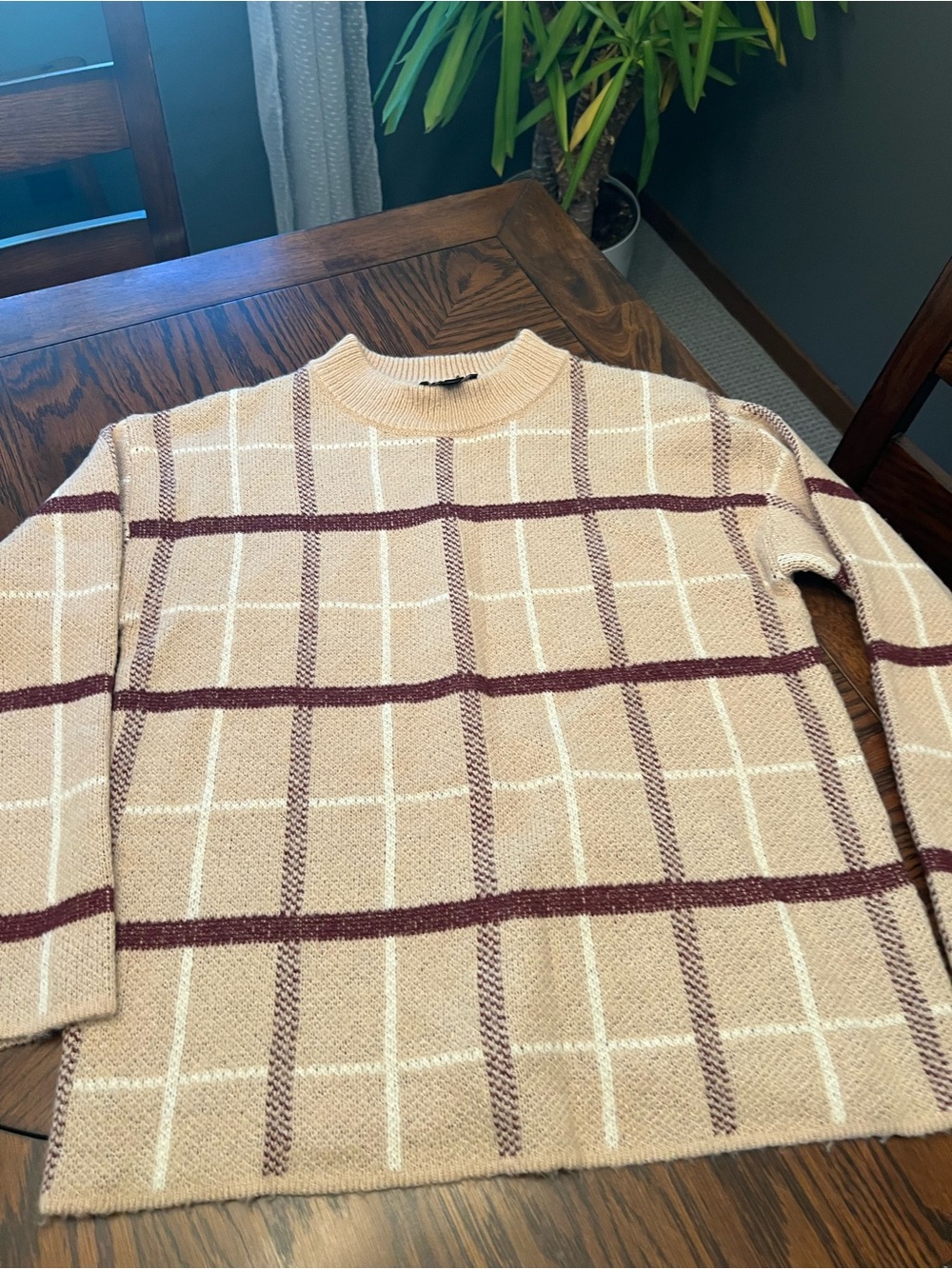 Fortune Ivy Women’s M Beige Brown White Plaid Knit Crew Neck Pullover Sweater724